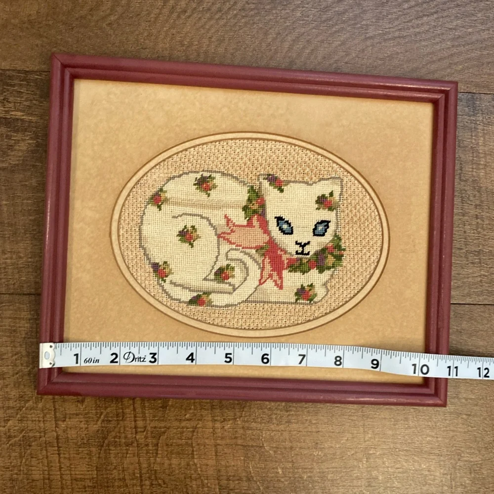 Vintage Framed Cat Wall Art Needlepoint in Burgundy Mauve Frame